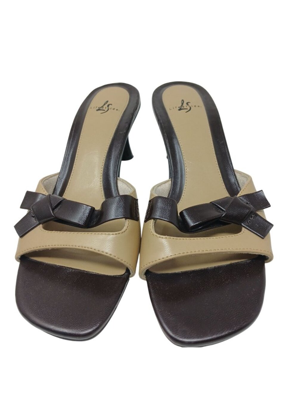 LifeStride Womens 6M Beige Brown Splash Sq Toe Kitten Heel Slip-On Sandals #6-6